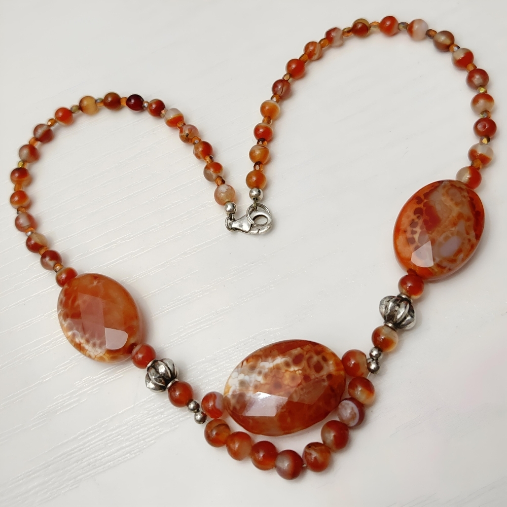 Vintage Sterling Silver Faceted Red Fire Agate Statement Necklace 19" - Picture 11 of 12